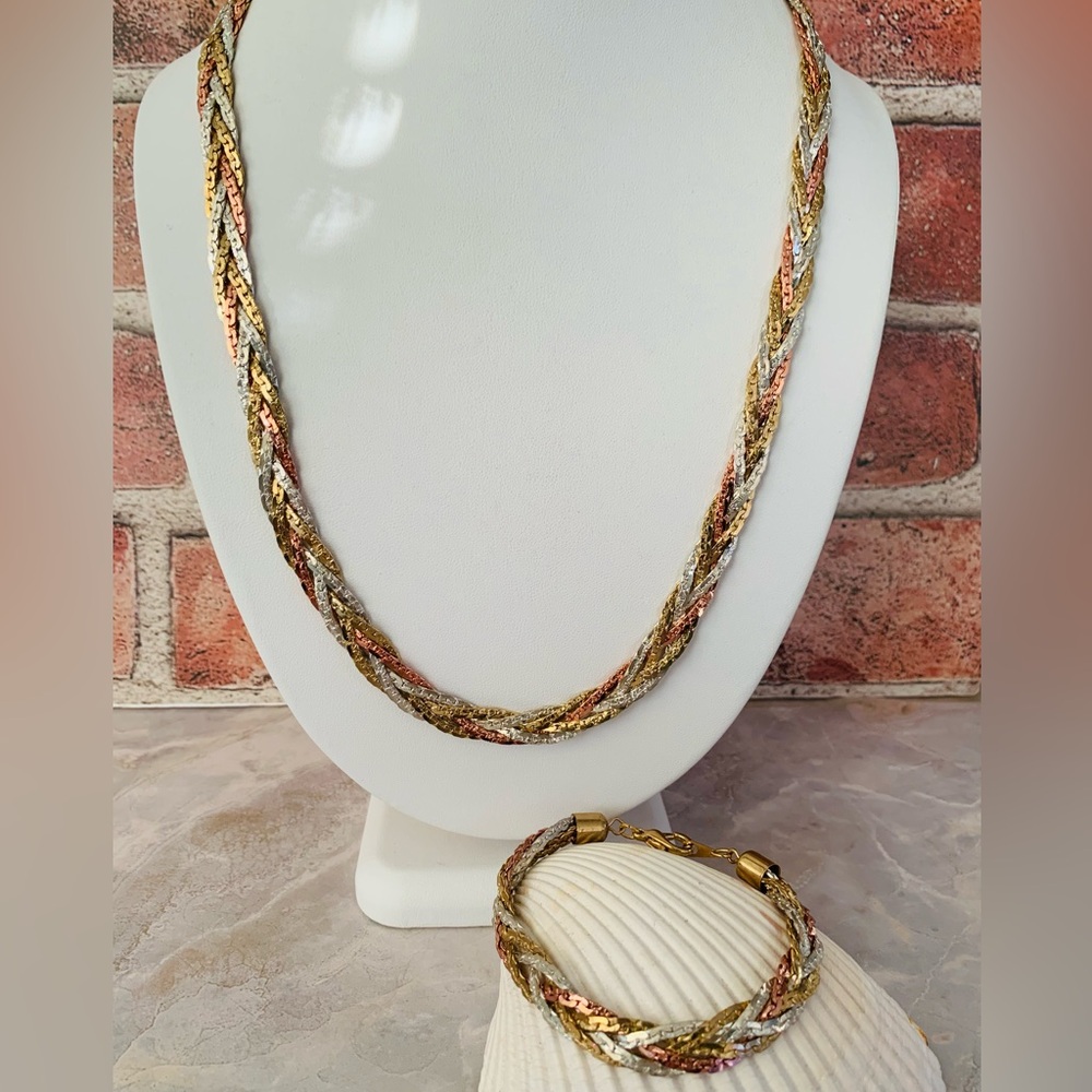 Three Tone Metal Braided Necklace and Bracelet Set